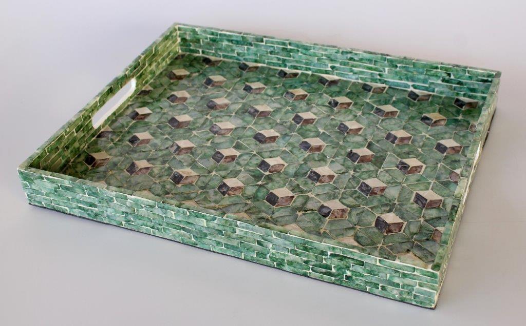 Set Of 3 Green Geometric Rectangular Capiz Trays